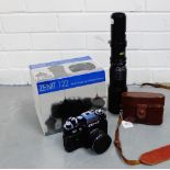 Zenit 122, 35mm single lens reflex camera, a Paragon lens and a vintage Solinette camera in a