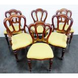 Set of six mahogany balloon back chairs to include two armchairs, with yellow upholstered seats