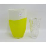 Marquis by Waterford clear glass vase (boxed), together with a yellow and white art glass vase,