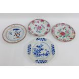 18th century Chinese Famille Rose plate, a blue and white hexagonal plate and two others (4)