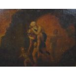 18th century Oil-on-Panel of 'Aeneas Fleeing the burning ruins of Troy with his father, wife and