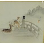 Ogata Gekko (1859-1920) Coloured woodblock print of 'Deer of a Bridge' in a glazed frame, 24 x 24cm