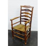 Lancashire style ladderback open armchair, with rush seat 112 x 62cm