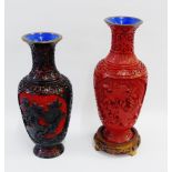 Two mid to late 20th century Cinnabar vases to include one in red and black and the other red,