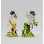 Pair of 'Cherubs' on square gilt lined bases, (a/f) with printed backstamps, with Derby marks