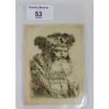 Small Rembrandt etching of a bearded gent, with reverse signature in the plate 8.5 x 11.5cm