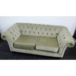 Chesterfield two seater sofa, in grey plush upholstery 71 x 160cm