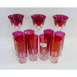 Set of Laura Ashley cranberry coloured glass drinking glasses to include beakers and wine