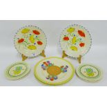 Art Deco plates to include two Clarice Cliff Crocus patterned plates, two Coronet Ware and four sma