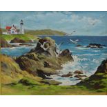 David Tright 'Shore Scene with Gulls and Lighthouse' Oil-on-Board, unsigned, but inscribed verso,