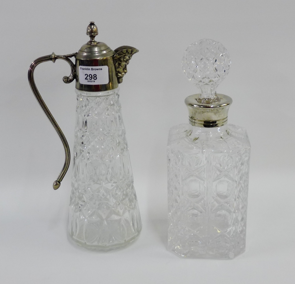 Epns mounted glass claret jug, together with a spirit decanter and stopper, (2)