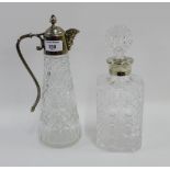 Epns mounted glass claret jug, together with a spirit decanter and stopper, (2)