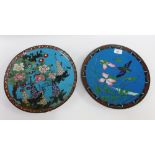 Two Cloisonne chargers, one with blossom and flowers the other with a humming bird, 30cm