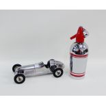 Vintage Sparkletts siphon, together with a chromed metal racing car, 32cm long, (2)