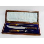 Walker & Hall three piece horn handled carving set in an oak fitted box