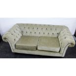 Chesterfield two seater sofa, with grey plush upholstery, 71 x 160cm