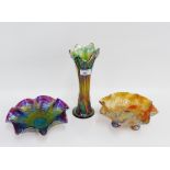 Carnival glass vase and two Carnival glass bowls, (3)