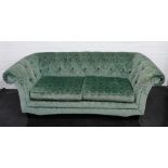 Green upholstered two seater Chesterfield buttonback sofa, 70 x 200