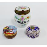 Limoges 'Arsenic' pot together with a 925 silver and enamel trinket box and cover and another (3)