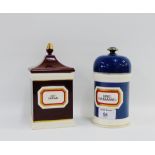 Two pottery pharmacy jars and covers with gilt edged labels to include Ung-Hamanel and Ext-Sarsae,