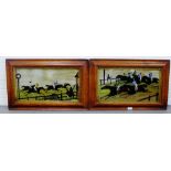 Pair of Horse Racing paintings on glass, in burr wood frames, 50 x 27cm, (2)