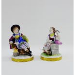 Pair of continental porcelain Boy and Girl figures, each modelled seated on a circular base with