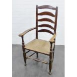 Lancashire style ladderback open armchair with rush seat 112 x 63cm