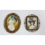 A pair of portrait miniatures of society lady's, each contained within an ornate brass frame with