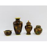 Group of mid 20th century Cloisonne vases, ginger jar and ashtray, complete with hardwood stands, (