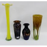 Four pieces of modern coloured art glass vases, (one a/f), (4)