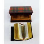Caledonia Tartanware box in the form of a book, opening to reveal a miniature leather bound Bible,