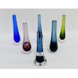 Group of six cased coloured glass flower vases, tallest 21.5cm, (6)