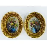 A pair of miniature Continental floral still life oils, in oval giltwood frames, signed Van Holt, 12