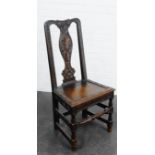 Dark oak chair with carved splat back and solid seat, 97 x 47cm