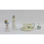 Mixed lot to include two NAO porcelain figures, a Wedgwood 'Woodbury' patterned sauceboat and