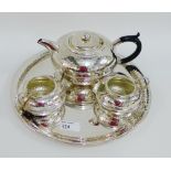 Four piece silver plated teaset comprising teapot, cream jug, sugar bowl and circular tray, (4)