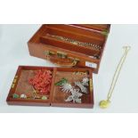 Brown leather jewellery box containing costume jewellery and vintage coral beads, etc