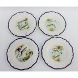 Set of four Royal Worcester plates, each with hand painted freshwater fish pattern with cobalt