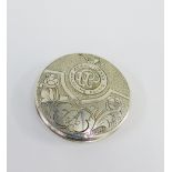 Silver compact, the lid with engraved floral pattern and inscribed Palestine Police, stamped 833,