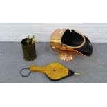 Copper coal bucket with steel shovel and a brass shell case, bellows etc., (a lot)