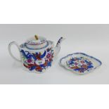 19th century English teapot and stand, painted with flowers and foliage with printed pattern No.