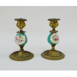 Pair of brass and porcelain candlesticks, 14cm high, (2)