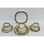 Diamond china porcelain teaset with cobalt blue and gilt edged rims, comprising six cups, six