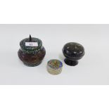 Three trinket jars with covers to include cloisonne and white metal, etc (3)