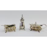 Birmingham silver three piece condiment set comprising salt, pepper and mustard pots (3)