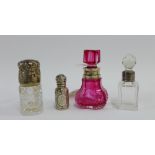 Victorian silver scent bottle with glass stopper, Birmingham 1888, 5cm high together with two silver