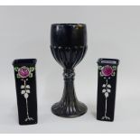 Pair of Shelley black glazed vases with rose pattern, together with a Beswick black lustre goblet