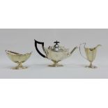 Edwardian silver three piece Bachelor / morning teaset comprising teapot, milk jug and sugar bowl