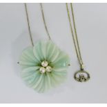 Pale green hardstone flowerhead pendant with faux pearls and silver mounts on a silver chain