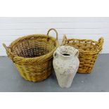 Two wicker baskets and a pottery amphora style vase, (3)